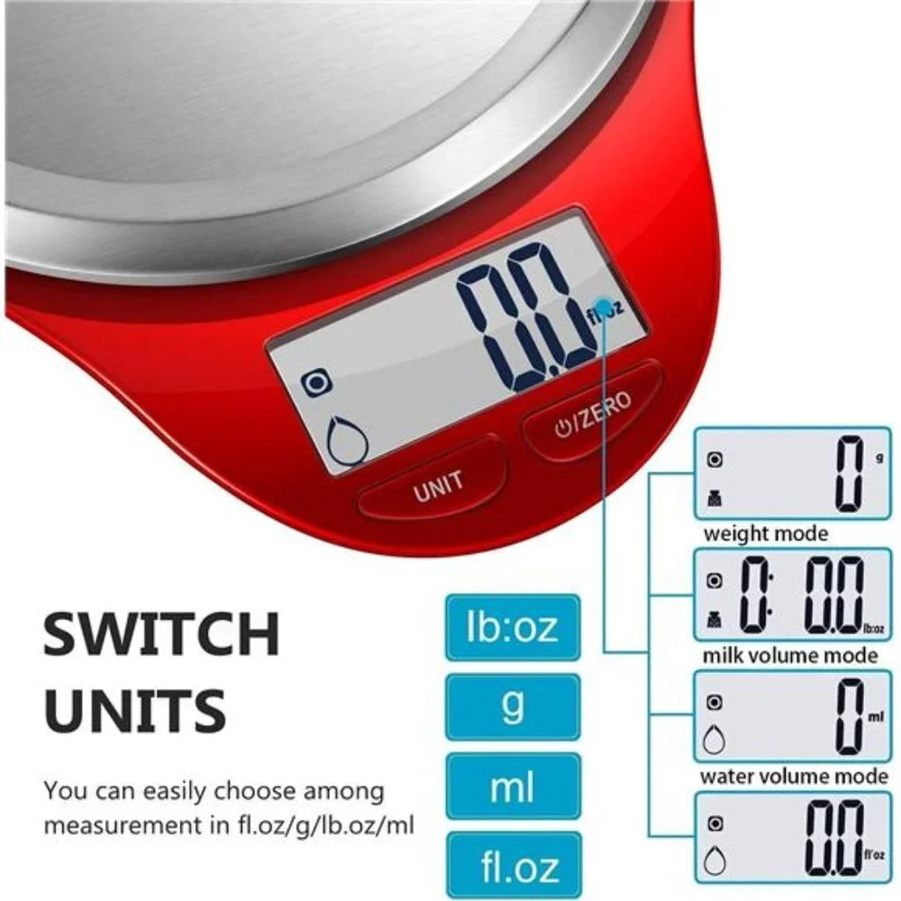 Digital Kitchen Scale with Wide Stainless Steel Plateform Food Scale (Red)